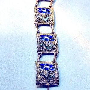 Victorian Style Filigree Bracelet 6 Panel Enameled Floral Vintage Pierced Metal